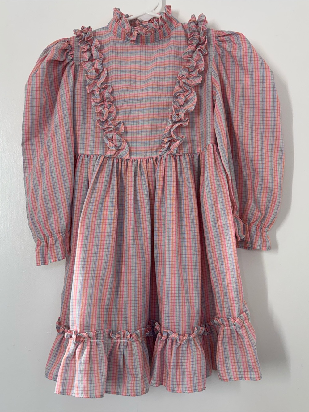 Vintage Little Star Pink Plaid Prairie Dress Long Sleeve Ruffles Girl 5T